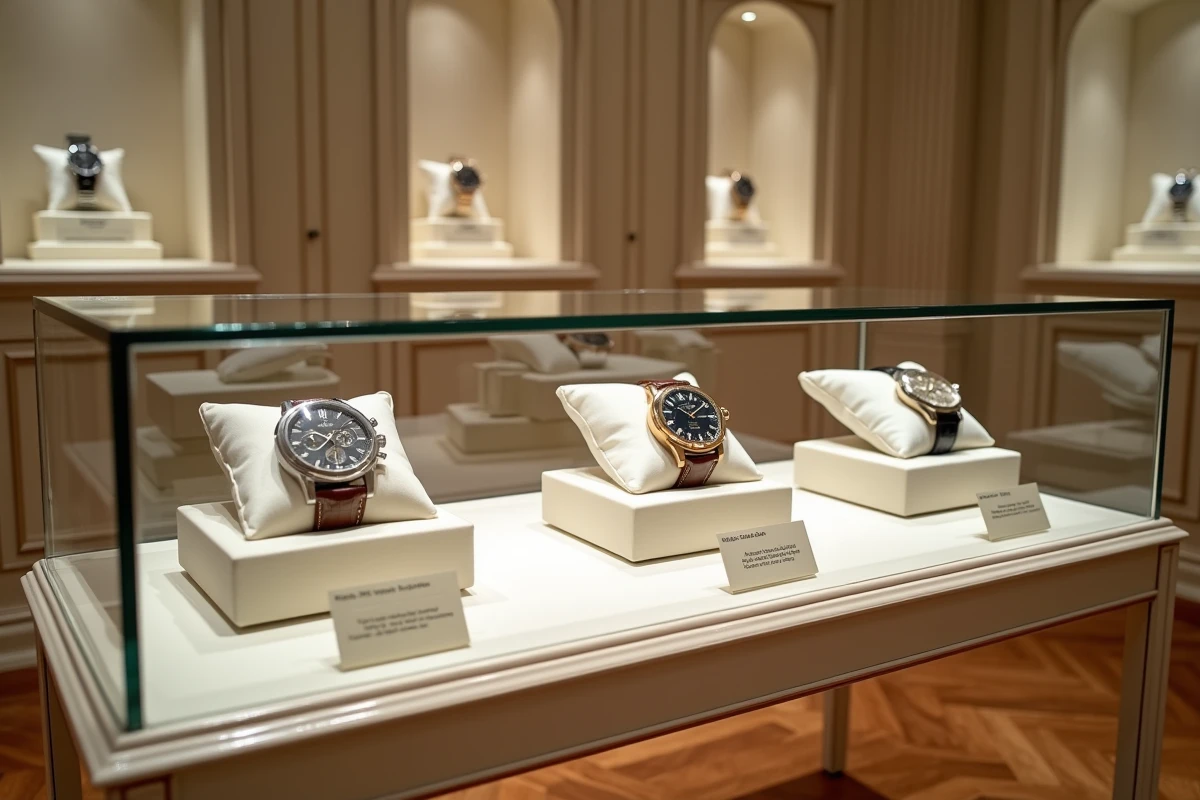 Vitrine d'une salle des ventes aux enchères présentant des montres de collection rares dont une Patek Philippe vintage et une Richard Mille