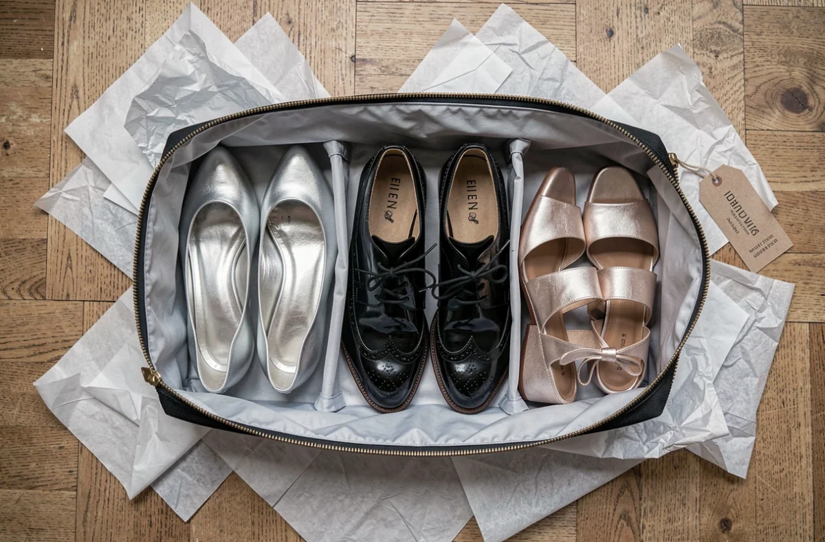 Vue de dessus d'un sac à chaussures de voyage ouvert avec trois paires de chaussures de mariage organisées dans des compartiments séparés sur un parquet en bois