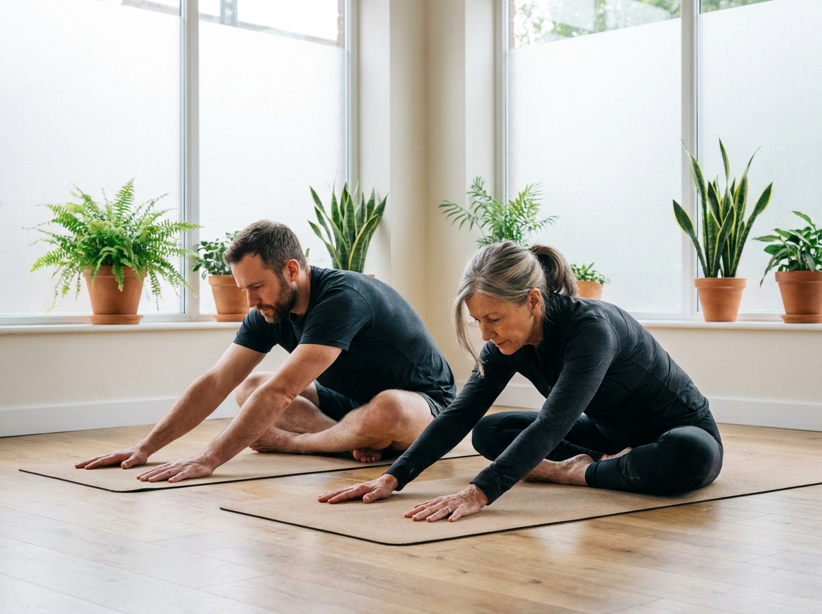 Homme et femme de générations différentes pratiquant le yoga dans un studio bien-être, illustrant la fermeté de la peau indépendamment de l'âge