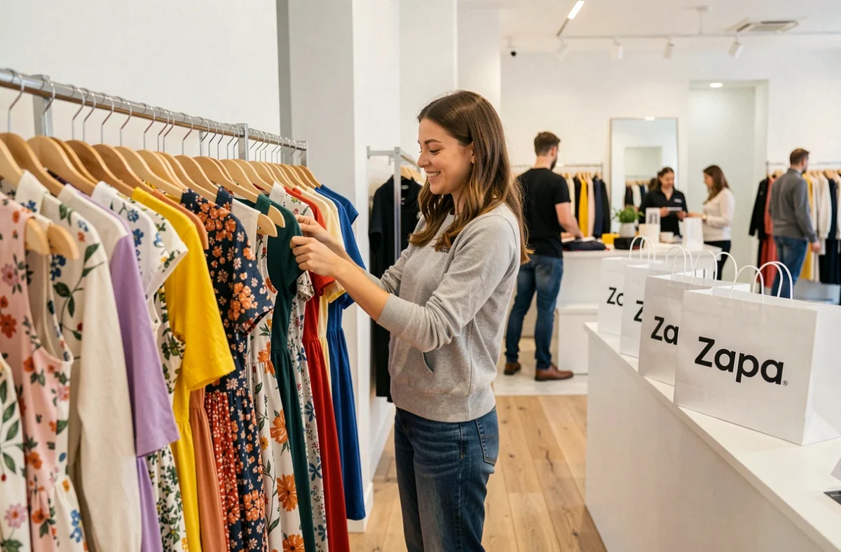 Jeune femme feuilletant des robes sur un portant dans le magasin Zapa Stock à Paris